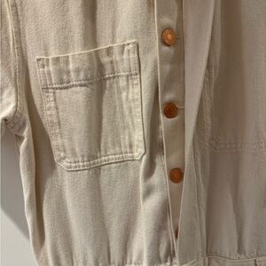 Everlane “the short sleeve denim coveralls” ivory. Worn
